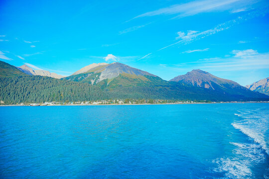 Landscape of Kenai Fjords National Park and Seward resurrection bay, glacier, harding ice cap ice field and pacific ocean in Alaska, USA