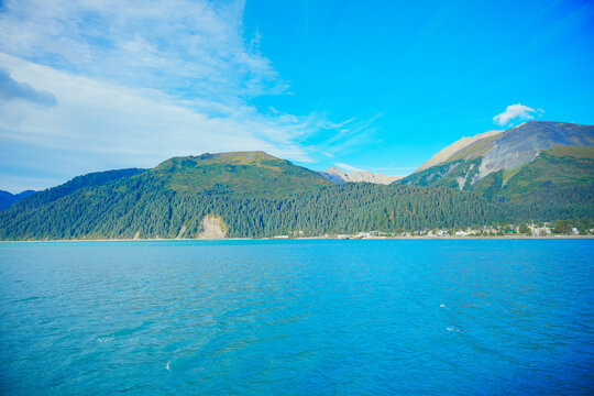 Landscape of Kenai Fjords National Park and Seward resurrection bay, glacier, harding ice cap ice field and pacific ocean in Alaska, USA