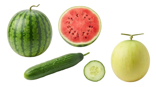 Fresh fruit and vegetable collection including a whole striped watermelon, a halved watermelon, a whole cucumber, a cucumber slice, and a whole yellow melon isolated on a white background