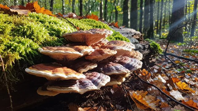 Lush moss and vibrant bracket fungi thriving on a forest log amidst autumn sunlight and foliage