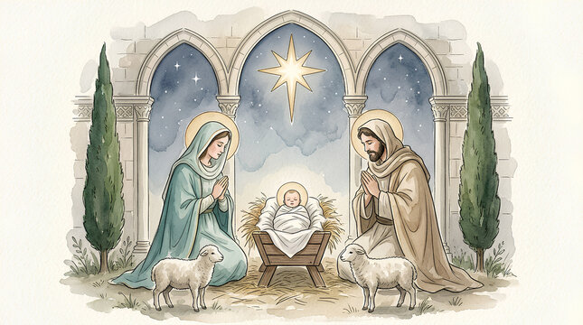 Serene Nativity Scene with Mary and Joseph Worshiping Baby Jesus in a Historic Stone Stable Setting