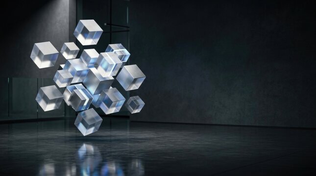 Several translucent cubes float in mid-air against a dark, textured wall. The cubes reflect light, creating a shimmering effect on the polished floor below.
