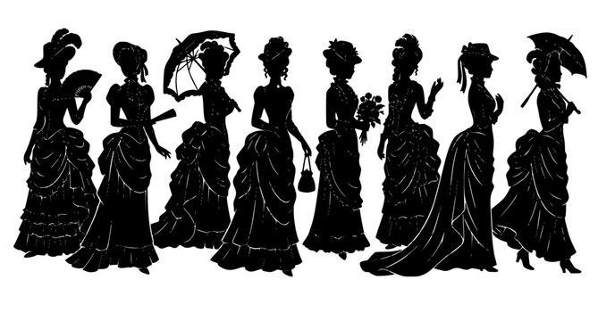 Elegant Victorian Ladies with Fans and Parasols Black Silhouettes