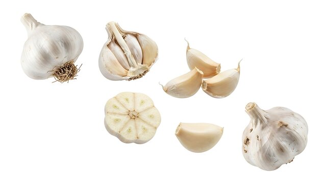 Fresh white garlic bulbs, a halved garlic bulb showing cloves, and individual peeled garlic cloves isolated on a white background, for culinary ingredient