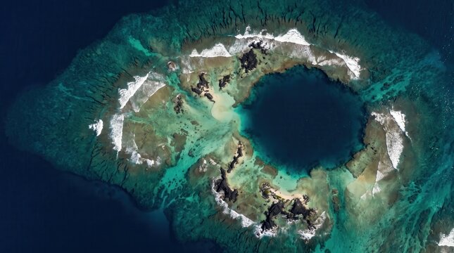 Aerial view of coral reef blue hole and ocean waves breaking over tropical lagoon atoll in turquoise sea