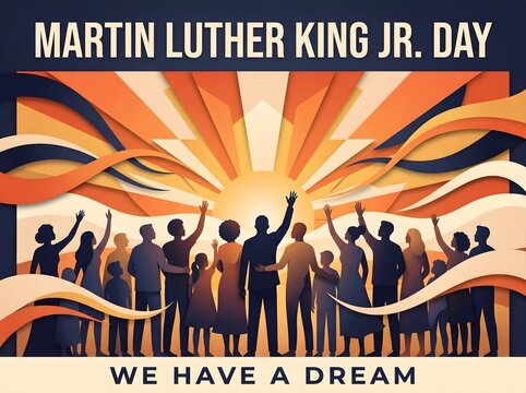 Martin Luther King Jr Day celebration with diverse silhouettes and a sunrise background