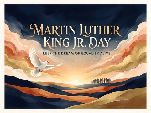 Martin Luther King Jr Day illustration with dove and sunrise over diverse group