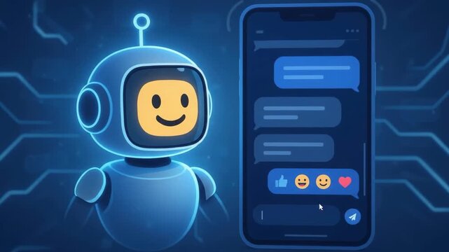 Cute smiling 3D robot mascot with antenna beside mobile messaging screen with reaction icons