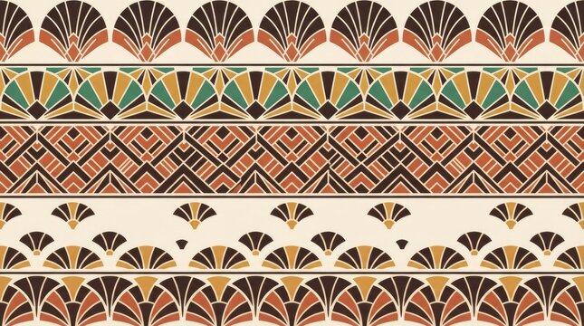 Deco style seamless pattern with geometric fan shapes and intricate linear borders in earthy tones of brown, green, and ochre yellow