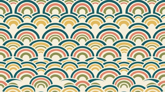 Repeating scallop pattern with overlapping semi-circles in muted tones of teal, terracotta, olive green, and yellow on a cream background