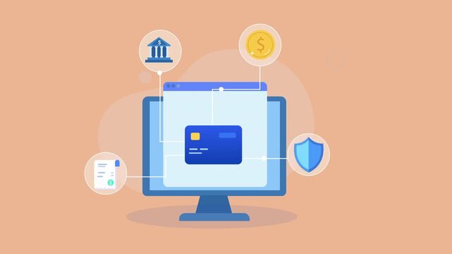 Flat vector animation showing a desktop monitor with a digital banking interface connected to bank, currency, financial document, and security shield icons for online banking and secure financial mana