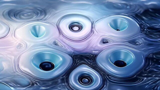 Abstract liquid metallic blue silver ripple hole with glossy reflective surface, flowing waves, circular depression, cyan highlights, deep navy shadows, smooth futuristic texture and layered depth