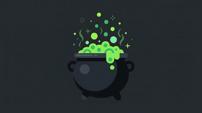 Cartoon witch cauldron filled with bubbling green magic potion