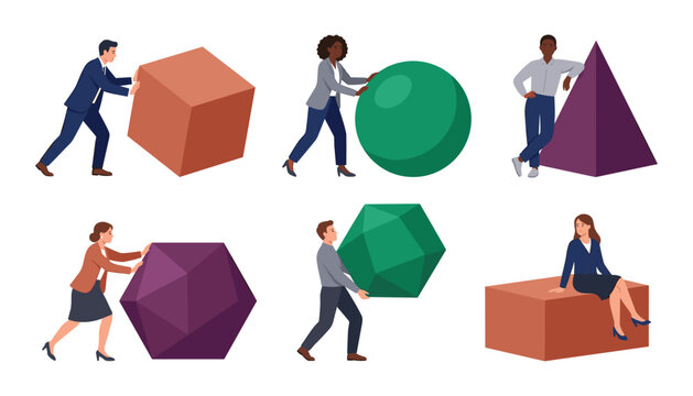 Business people working with geometric shapes collection with characters pushing cube sphere pyramid and polyhedral 3d blocks