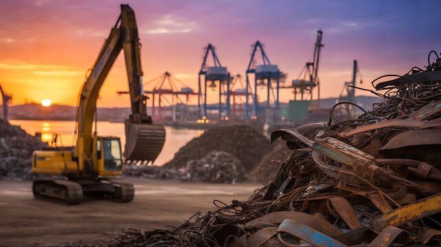 Large yellow excavator at an industrial scrap metal recycling yard during sunset