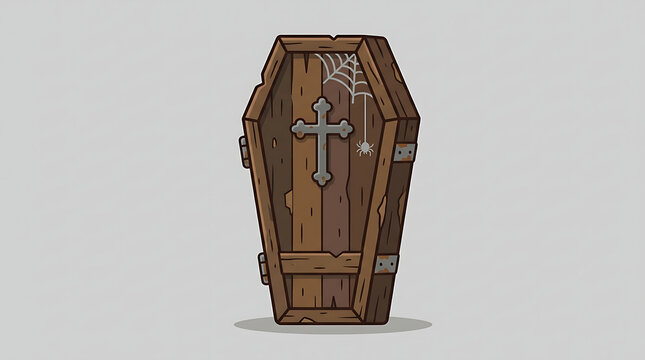 Old wooden coffin with a metal cross and spiderweb isolated on gray