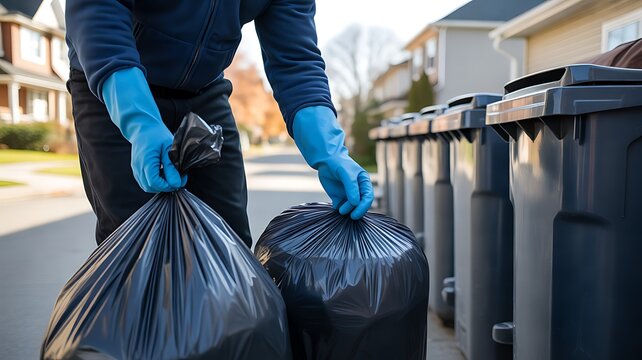Person wearing blue gloves disposing of black trash bags in residential bins