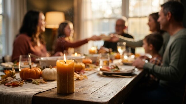 Family gathering around a dinner table with candles and fall decor for Thanksgiving