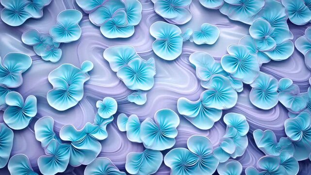 Pastel floral pattern with turquoise flower and lavender background, sculpted petal detail, decorative botanical texture, glossy fluid waves, iridescent swirls and pearlescent sheen