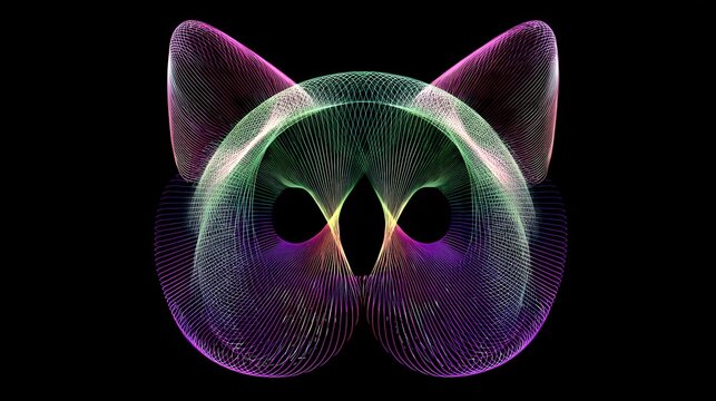 Symmetrical Abstract Neon Cat Head Outline Wireframe Geometry Wave Light Design Element for Cyber Stream Overlay and Meme Art