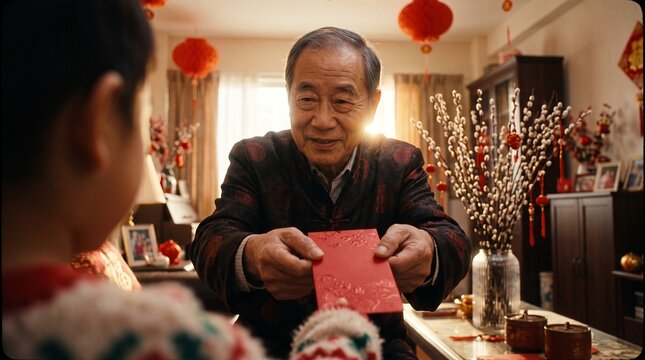 Elderly man giving red envelope to child during festive celebration for Lunar New Year