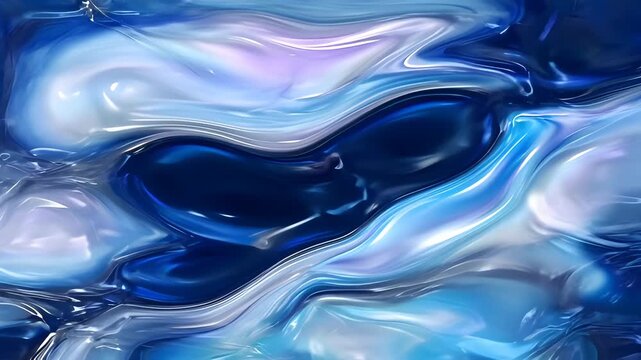 Abstract blue liquid wave background with iridescent glossy fluid texture, flowing metallic silver and cyan curves, luminous highlights, soft violet reflections and smooth curved ripples