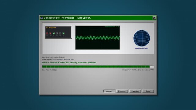 Vintage computer 90s dial-up modem internet connection dialog box with audio handshake waveform and LED indicators, seamless loop.