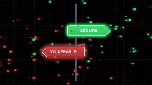 Conceptual cybersecurity signpost with secure and vulnerable options against a digital data background