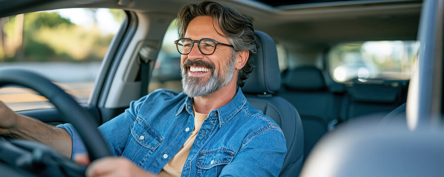 Senior man laughing while driving car, wearing glasses and denim shirt, enjoying relaxed journey in daylight