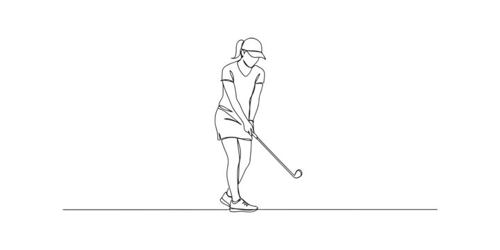 Continuous single line drawing of a woman playing golf hitting a ball with a club