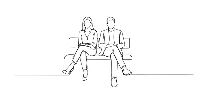Continuous single line drawing of a young man and woman sitting together on a bench