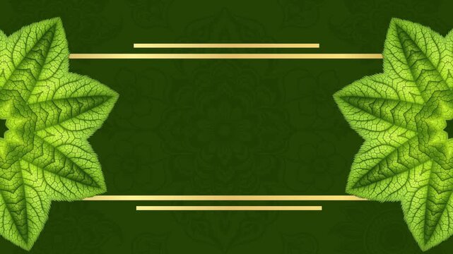 Luxury green background with symmetrical star-shaped leaf mandala patterns on both sides and a golden rectangular text frame border