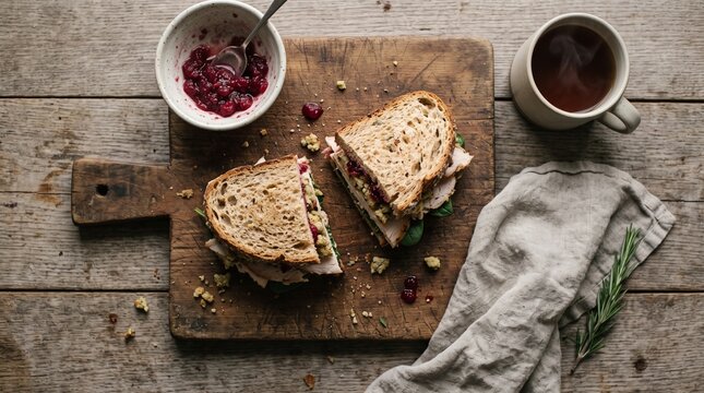 Sandwich with cranberry sauce on a wooden cutting board with tea for Boxing Day