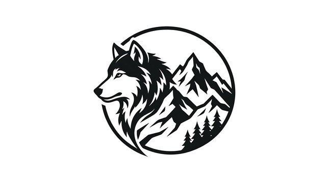 Circular badge featuring a stylized wolf head portrait integrated with mountain range and pine trees mountain wildlife landscape wilderness monochrome adventure predator topography USA, American, Unit