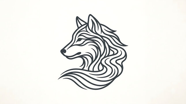 Stylized artistic drawing of a wolf profile featuring swirling fur patterns and flowing lines wildlife wilderness monochrome adventure predator illustration creative abstract USA, American, United Sta
