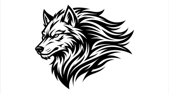 Profile view of a wolf head illustration with dynamic fur lines in a detailed black and white artistic style predator illustration monochrome stylized creature expression strength USA, American, Unite