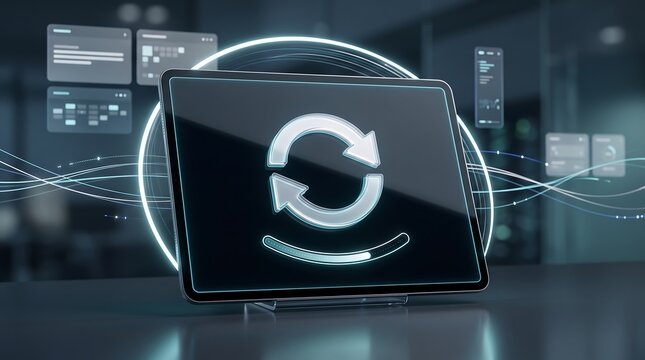 Modern tablet on desk displaying glowing circular refresh icon with streaming digital light waves in dark high-tech office for cloud synchronization and software update technology themes