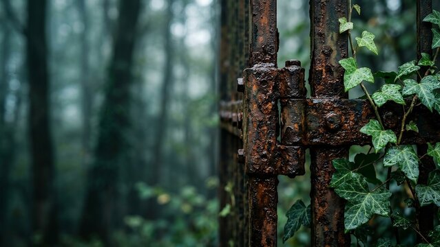 Aged iron metal fence hinge covered in green ivy leaves stands within a thick foggy forest during the autumn season showing the decay of time and nature taking over the old historical
