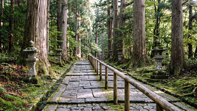 石灯籠が並ぶ杉林の苔むした石畳の参道に沿う木製の手すりと緩やかな坂