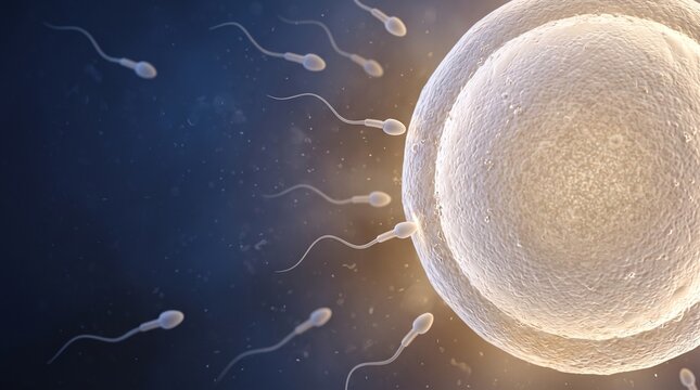 Microscopic 3D illustration of human sperm cells swimming toward an egg cell representing fertilization and reproduction concept