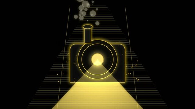 Neon golden train illustration glowing on a dark track with light beam and smoke
