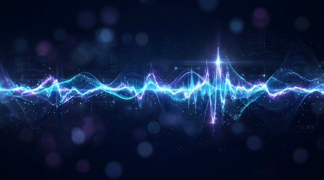 Abstract blue sound wave background with glowing light particles and digital music visualization