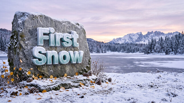Text first snow engraved on stone located at frozen lake edge surrounded by winter mountain forest view.