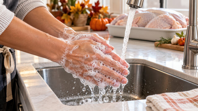 Close-up of hands lathering soap with foamy suds under running water at a kitchen sink, a clean covered tray of raw poultry on the counter. Preventing cross-contamination at Thanksgiving concept.