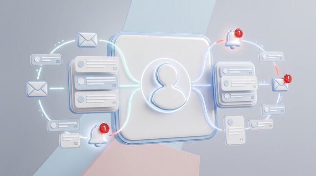 Digital user profile interface with incoming email notifications and alert bells in 3d render style representing modern communication network management systems for business connectivity