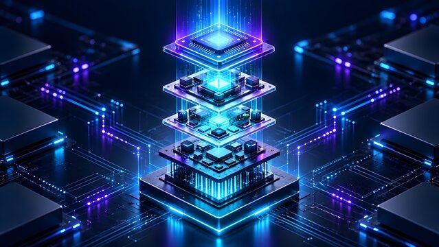Advanced glowing microchip architecture with vertical floating layers on a futuristic motherboard representing high performance computing