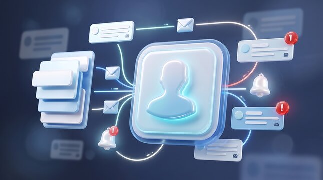 3d render of user account dashboard with multiple email document streams and notification bells floating in professional business communication software environment for data analytics