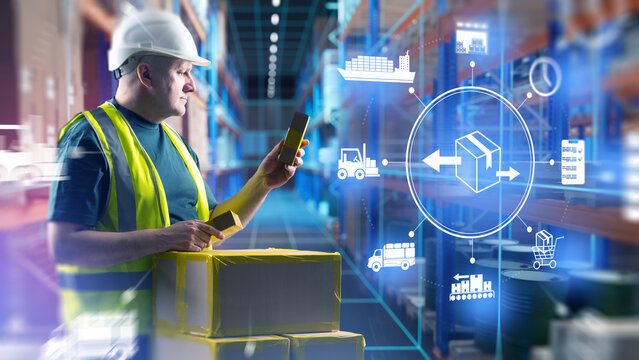 Warehouse logistics, worker scans and checks packages during inventory control, order processing and digital supply chain management in a distribution center.