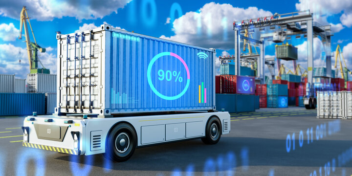 Port automation, autonomous robotic platform transports a shipping container for loading and unloading operations at a smart container terminal.