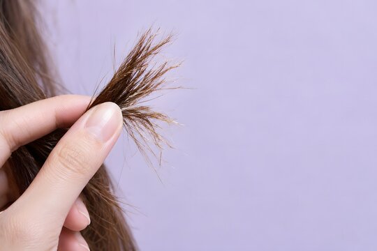 Close-up of split ends on brown hair held in a hand